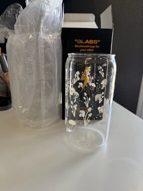 Clear Glass Mushroom Tumbler with White Botanical Print - Unbranded